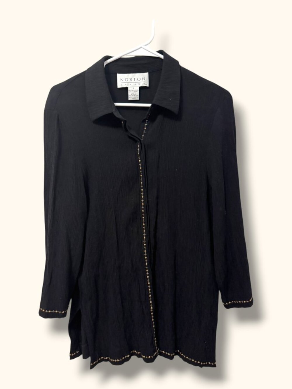 Norton Studio Top Women L Black Crinkle Button Front Gold Embroidery Long Sleeve